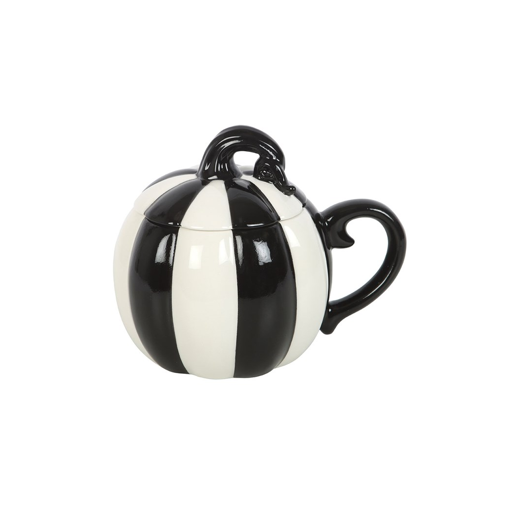 Black and White Striped Pumpkin Lidded Mug