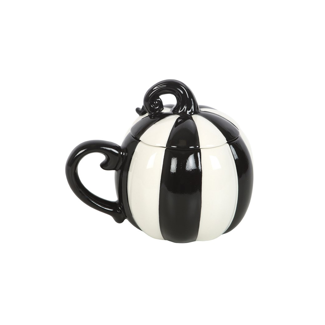 Black and White Striped Pumpkin Lidded Mug